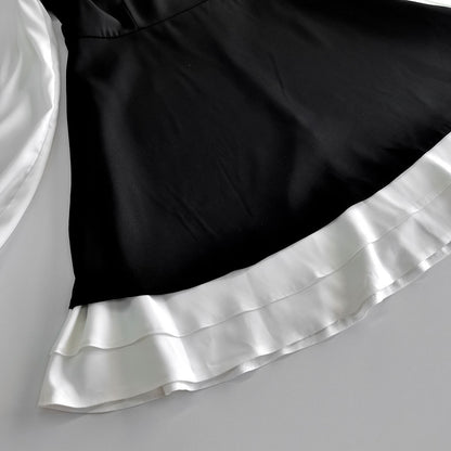 Black White Square Neck Puff Sleeve Ruffle A-Line Dress