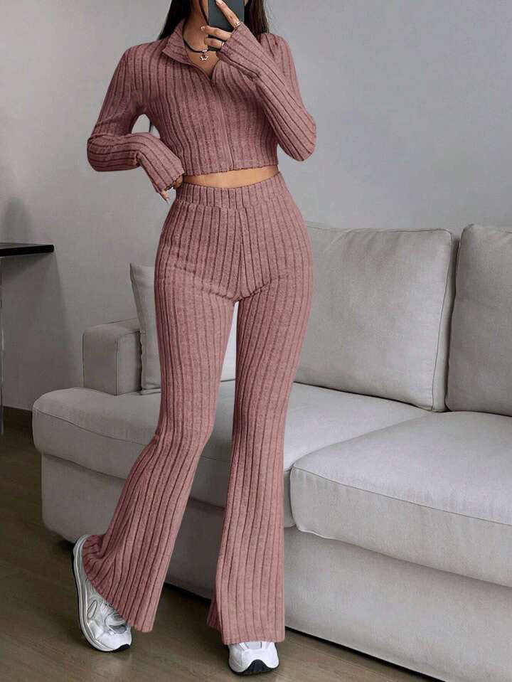 Women's Ribbed Zip Up Crop Top & High Waist Flare Pants Set
