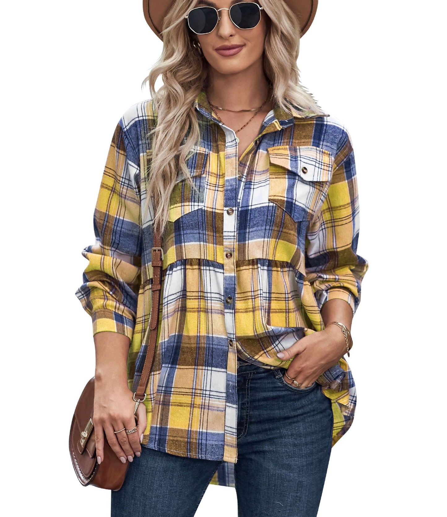 Plaid Lapel Long-Sleeve Casual Shirt with Pockets