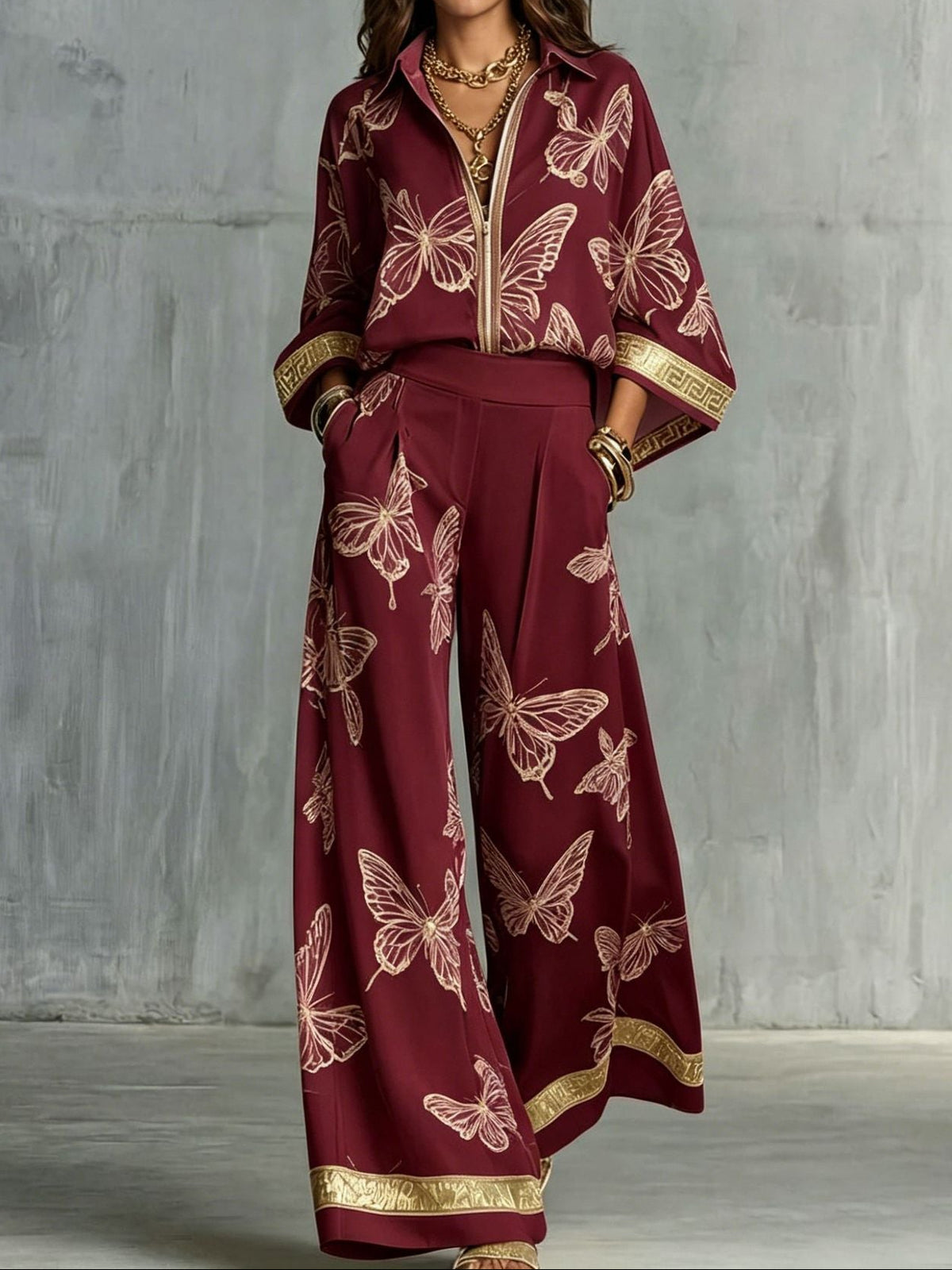 Boho Butterfly Print Two Piece Zip Up Top Wide Leg Pants