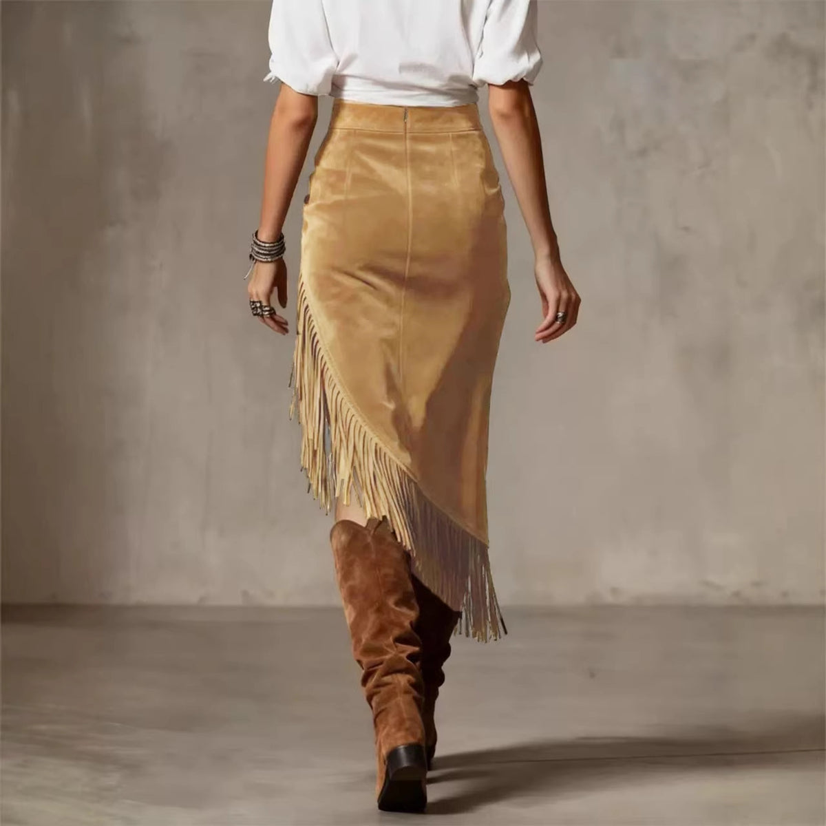 Women's Western Suede Fringe Asymmetrical Midi Skirt