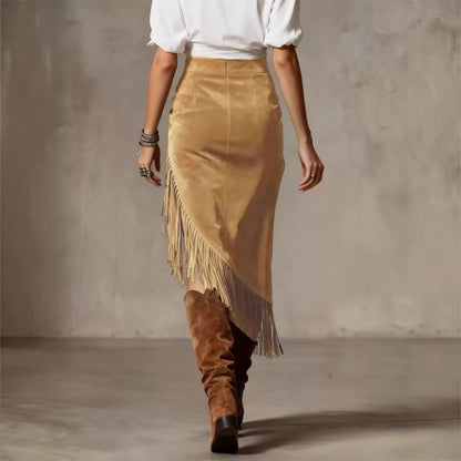 Women's Western Suede Fringe Asymmetrical Midi Skirt