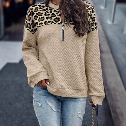 Quilted Leopard Print Quarter Zip Oversized Sweatshirt