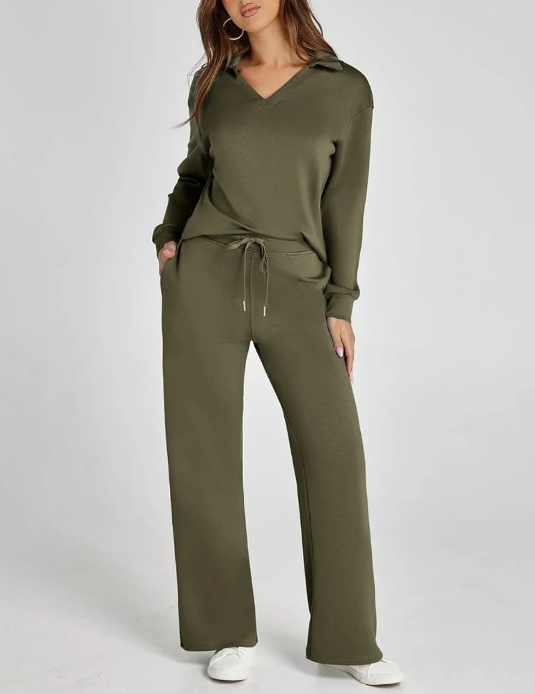 Women’s V Neck Two Piece Set Wide Leg Pants Outfit