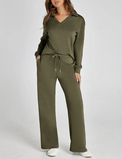 Women’s V Neck Two Piece Set Wide Leg Pants Outfit
