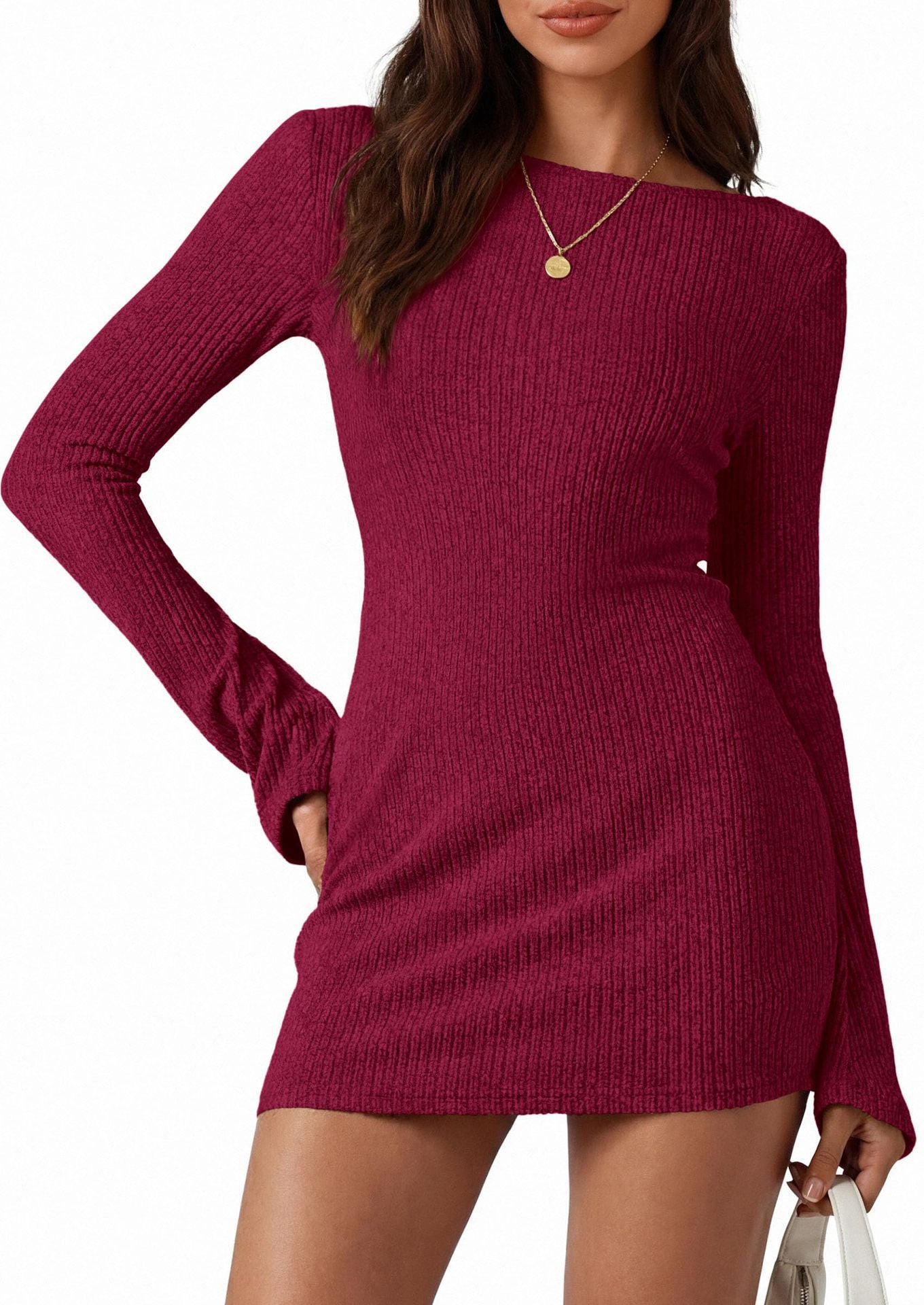 Solid ribbed knit bodycon mini dress bell sleeve