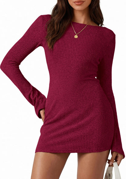 Solid ribbed knit bodycon mini dress bell sleeve