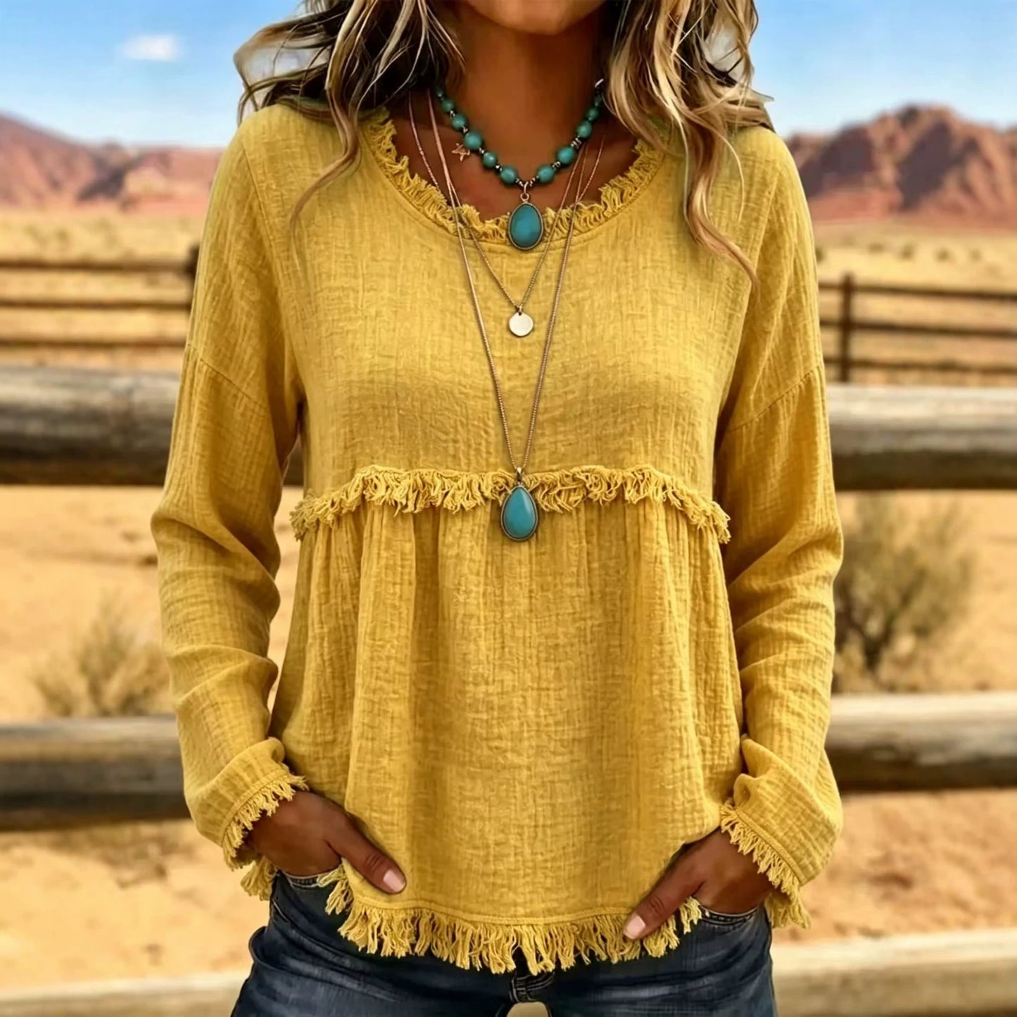 Boho Fringe Textured Long Sleeve Blouse