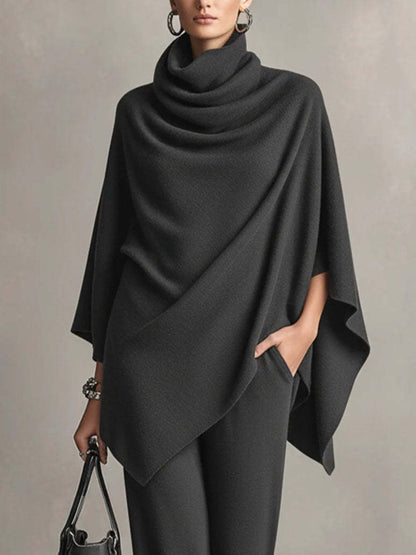 Women's Cowl Neck Poncho Wide Leg Pants Two Piece Set