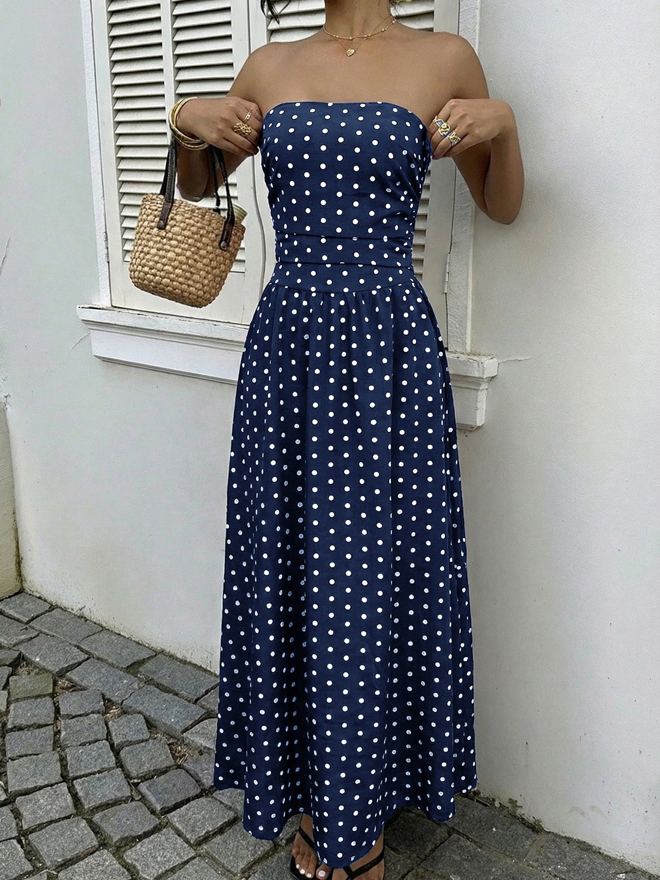 Strapless Polka Dot Maxi Dress Elegant Summer Dress