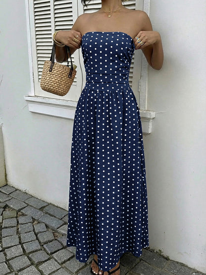 Strapless Polka Dot Maxi Dress Elegant Summer Dress