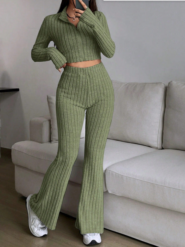 Women's Ribbed Zip-Up Crop Top Flare Pants Two Piece Set