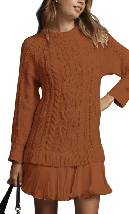 Cable Knit Sweater Dress Long Sleeve Pleated Hem