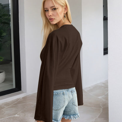 Women's Solid Batwing Long Sleeve Cinched Waist Crop Top