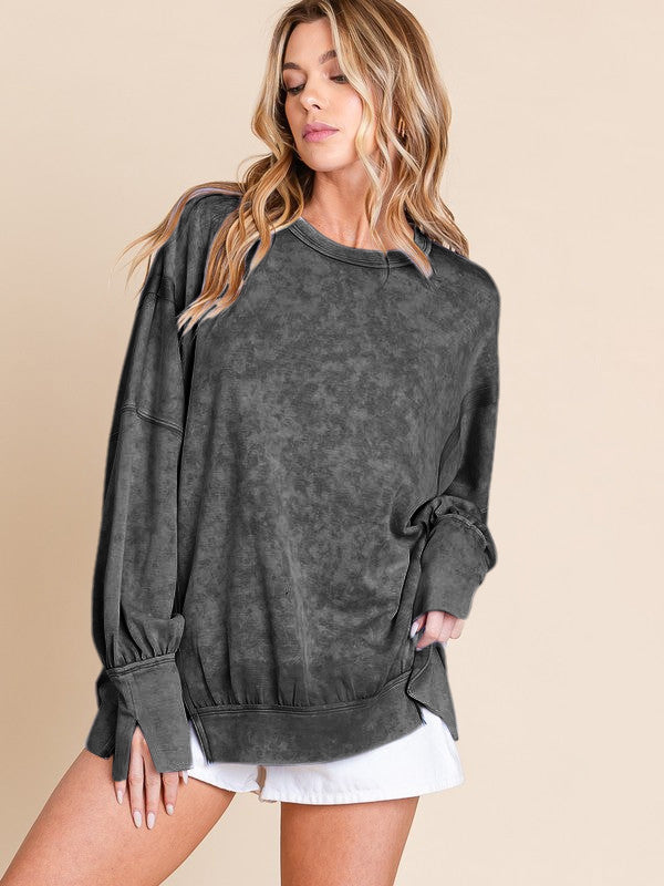 Acid Wash Oversized Sweatshirt Side Slit Drop Shoulder