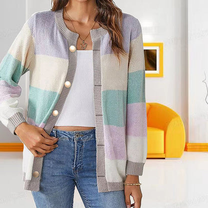 Women's Color Block Cardigan Button Front Knit Long Sleeve