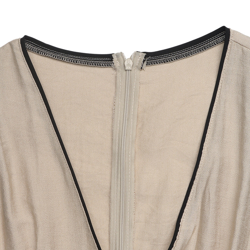 French Contrast Trim V Neck Tie Front Sleeveless Maxi Dress