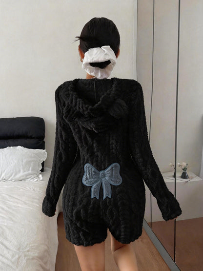 Women's Fuzzy Hooded Sherpa Romper with Bow Back
