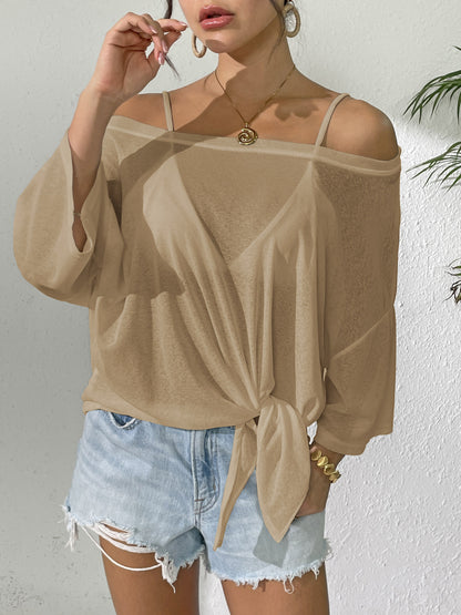 Sheer Off Shoulder Tie Front Beach Cover Up Top