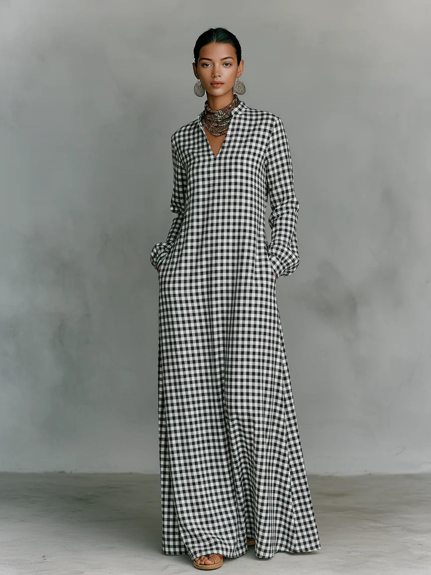 Women's Plaid V-Neck Maxi Shirt Dress Long Sleeve Flowy