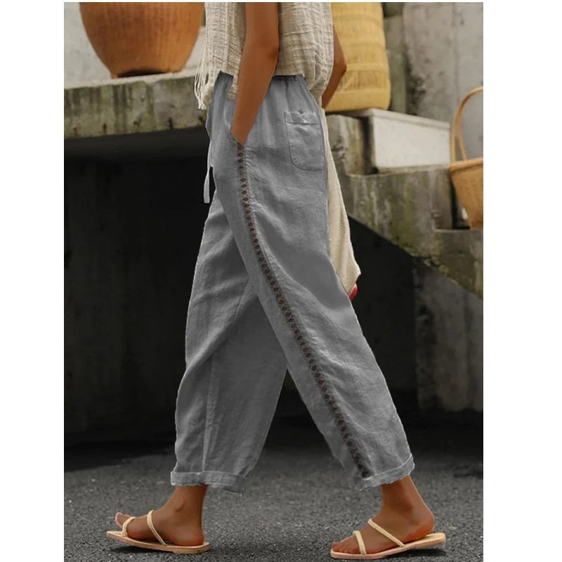 Women's Cotton Straight Leg Pants with Side Crochet Detail
