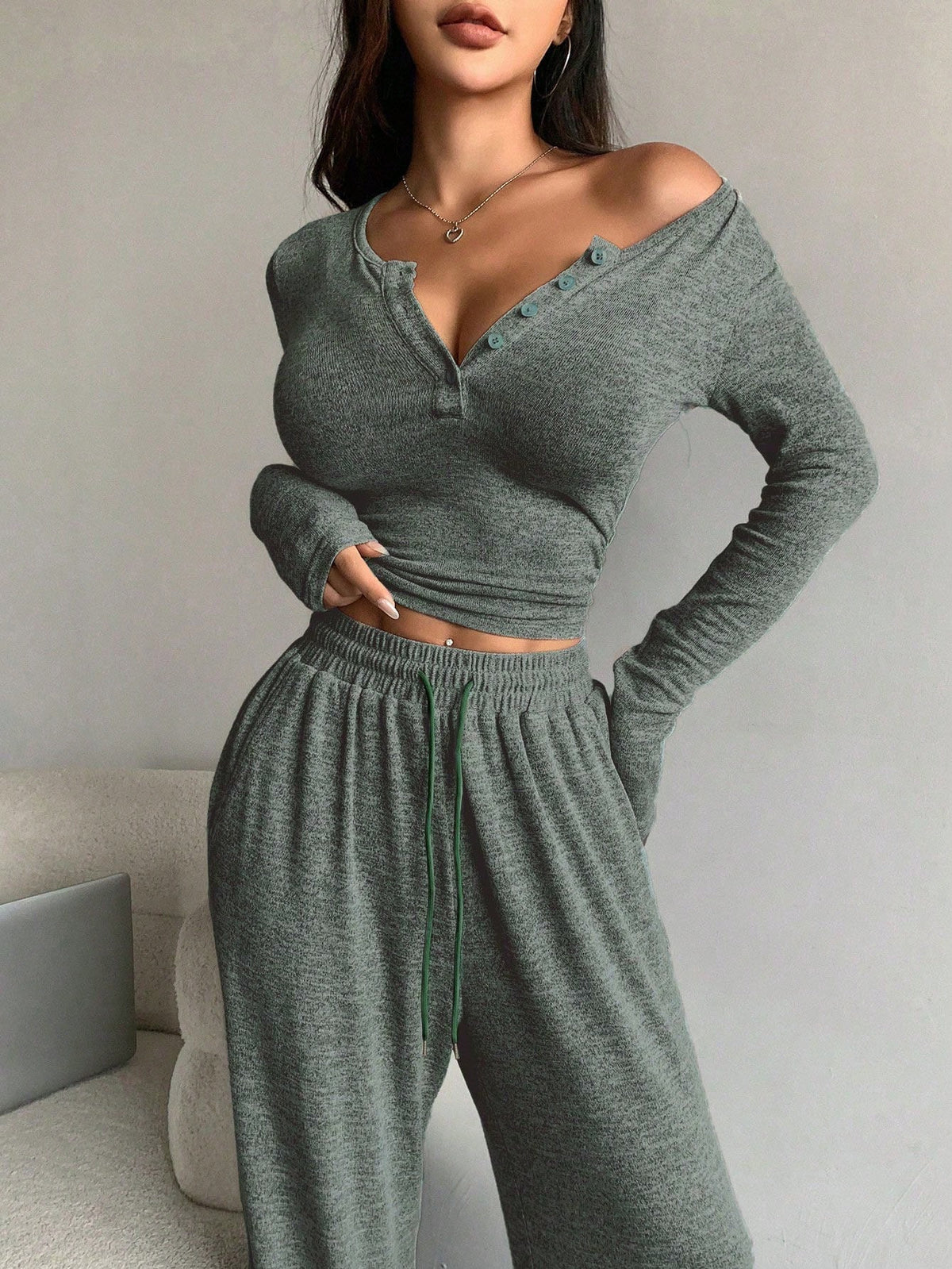 Women's Off Shoulder Button Front Knit Two Piece Pants Set