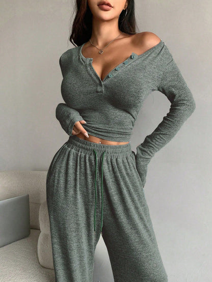 Women's Off Shoulder Button Front Knit Two Piece Pants Set