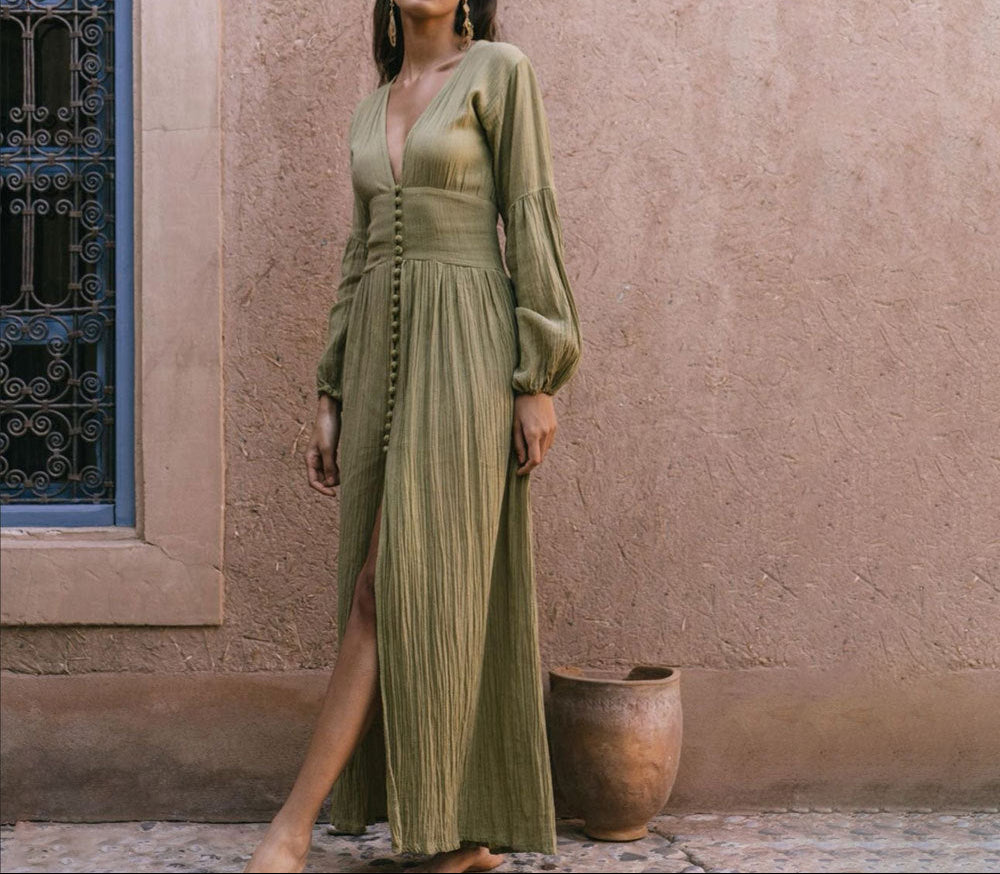 V-Neck Lantern Sleeve Maxi Dress Smocked Waist Slit