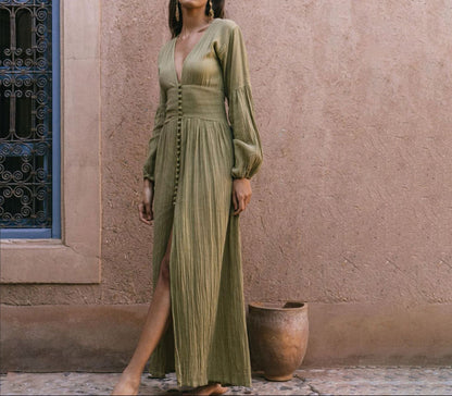 V-Neck Lantern Sleeve Maxi Dress Smocked Waist Slit