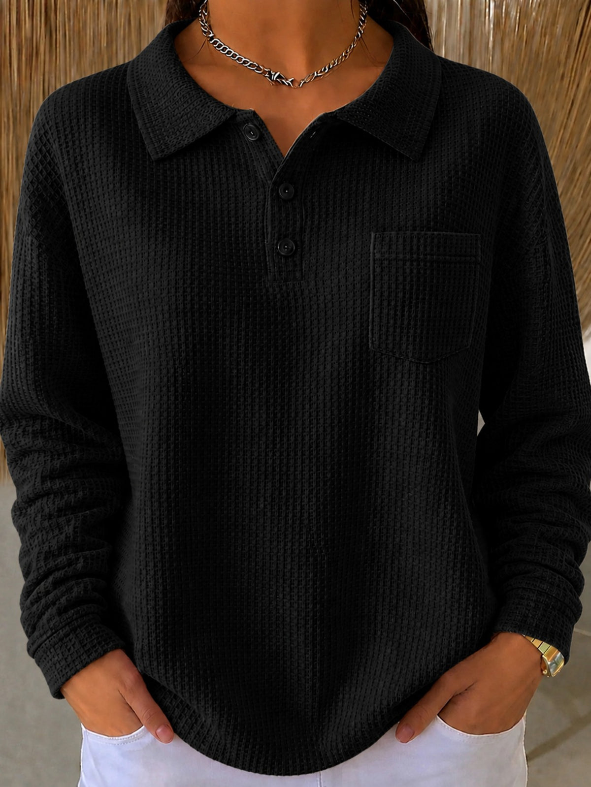 Women's Oversized Waffle Knit Collared Pocket Sweatshirt