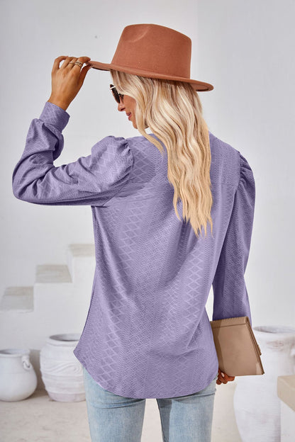 Women's V Neck Puff Sleeve Textured Tunic Top Long Sleeve