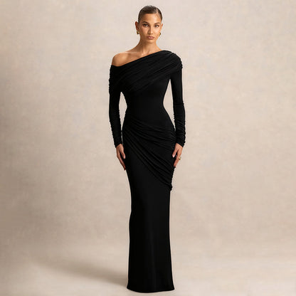 One Shoulder Ruched Bodycon Maxi Dress Long Sleeve