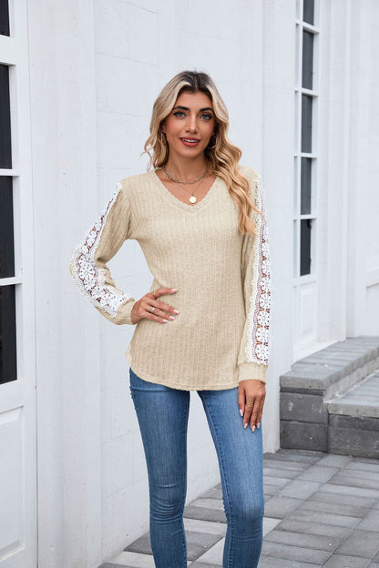 Women's V Neck Lace Long Sleeve Tunic Top