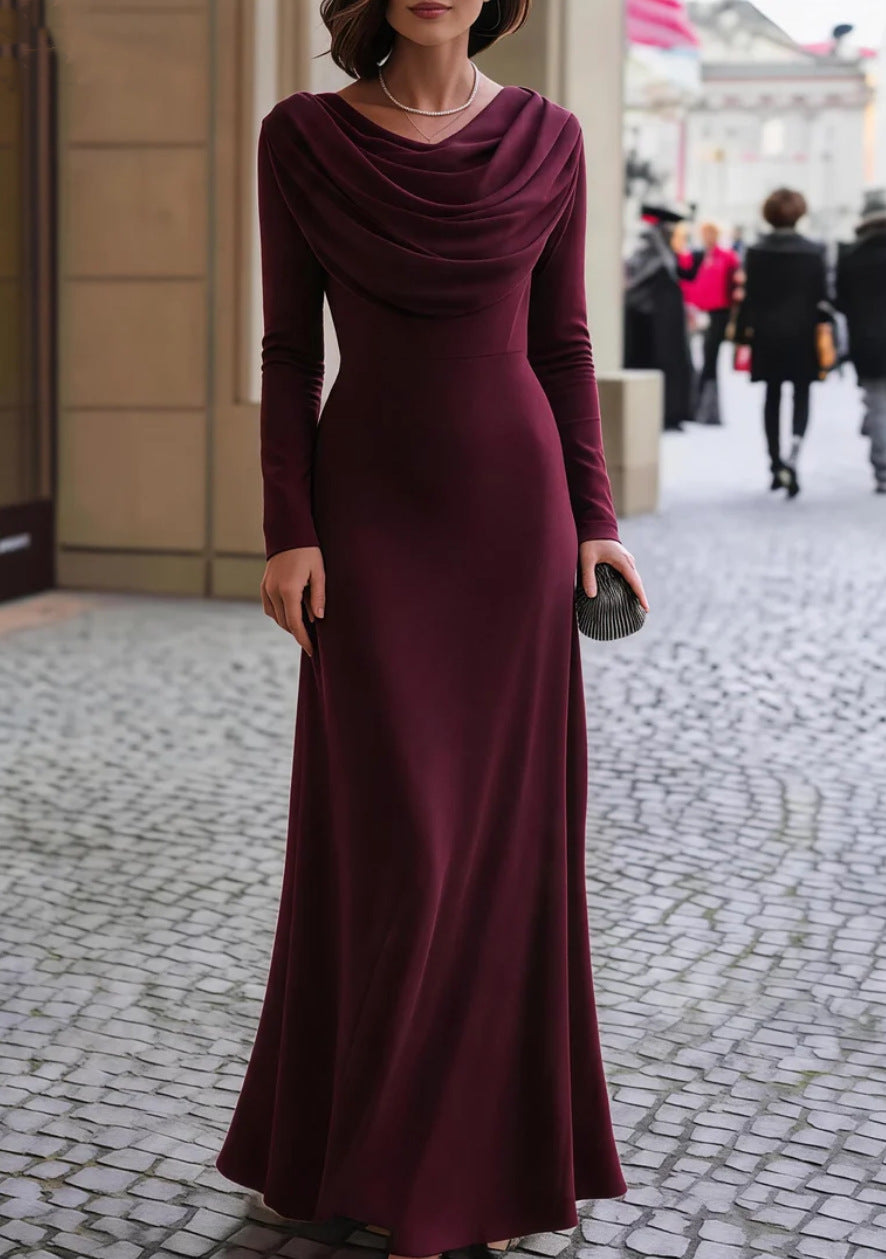 Elegant Cowl Neck Long Sleeve Evening Maxi Dress