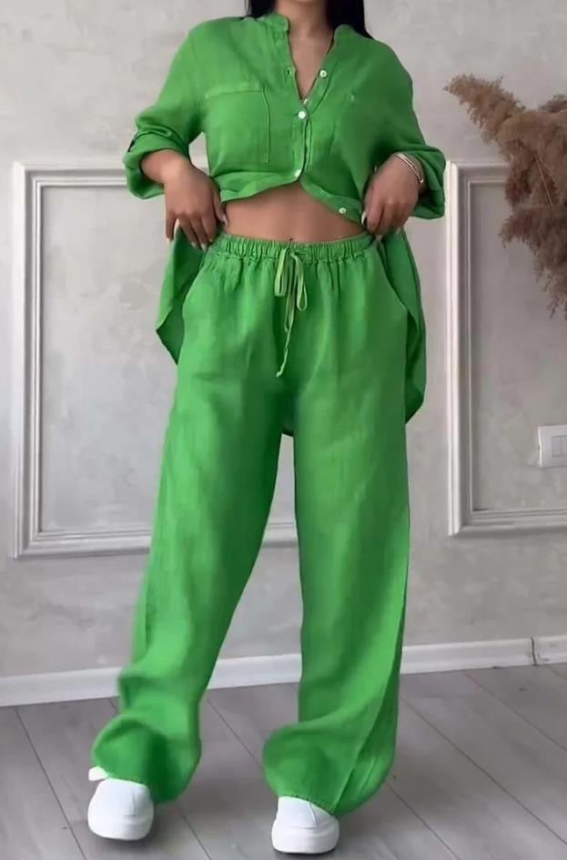 Women's Linen Shirt and Wide Leg Pants Matching Set
