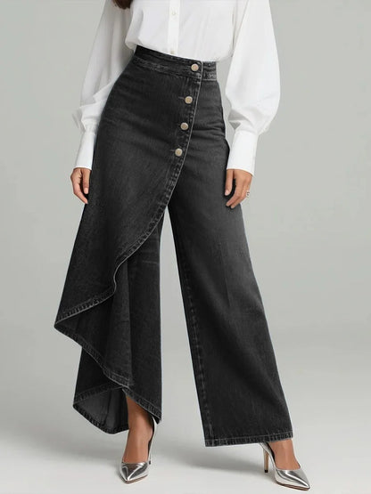 Denim Print Wide Leg Pants High Waist Button Front
