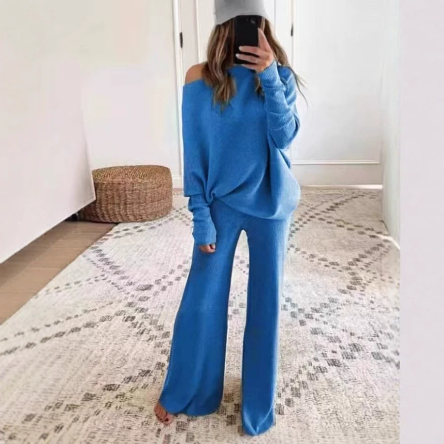Women's Off Shoulder Oversized Knit Set Wide Leg Pants