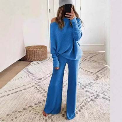 Women's Off Shoulder Oversized Knit Set Wide Leg Pants
