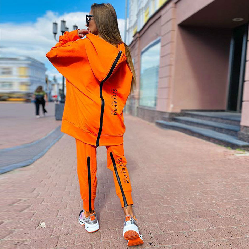 Women's Oversized Letter Print Zip Hoodie Jogger Set