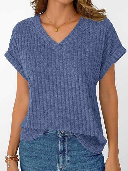 Ribbed Knit V-Neck Top – Relaxed Fit Casual Summer Tee