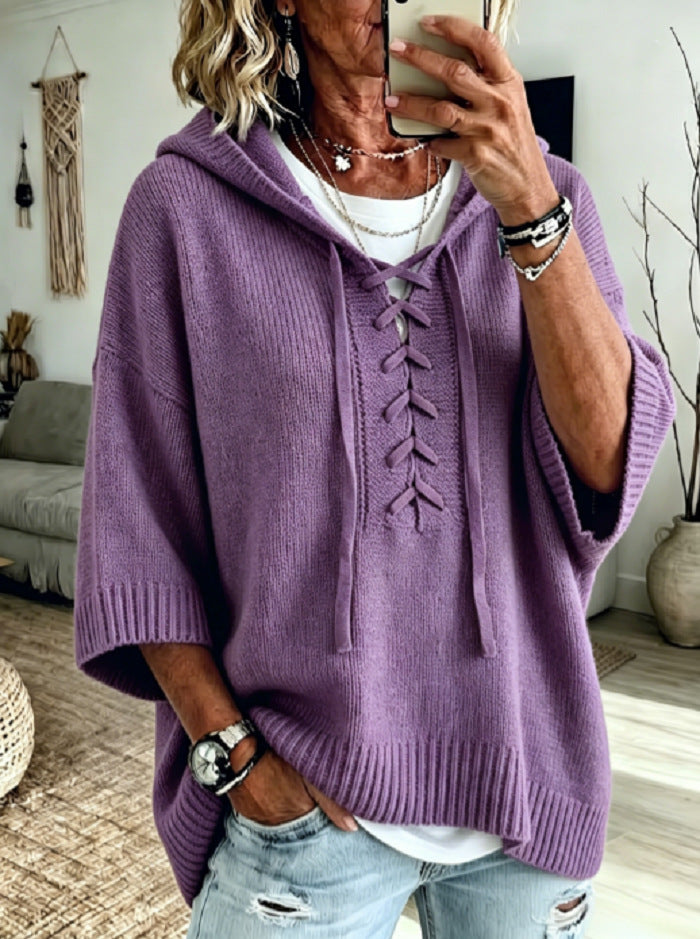 Womens Oversized Hooded Sweater Lace-Up 3/4 Sleeve Pullover