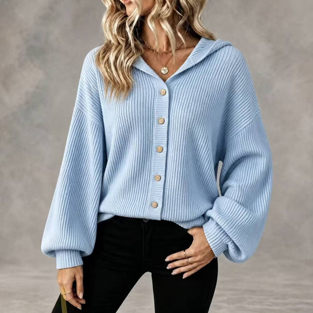 Womens Hooded Ribbed Cardigan Button Front Knit Sweater