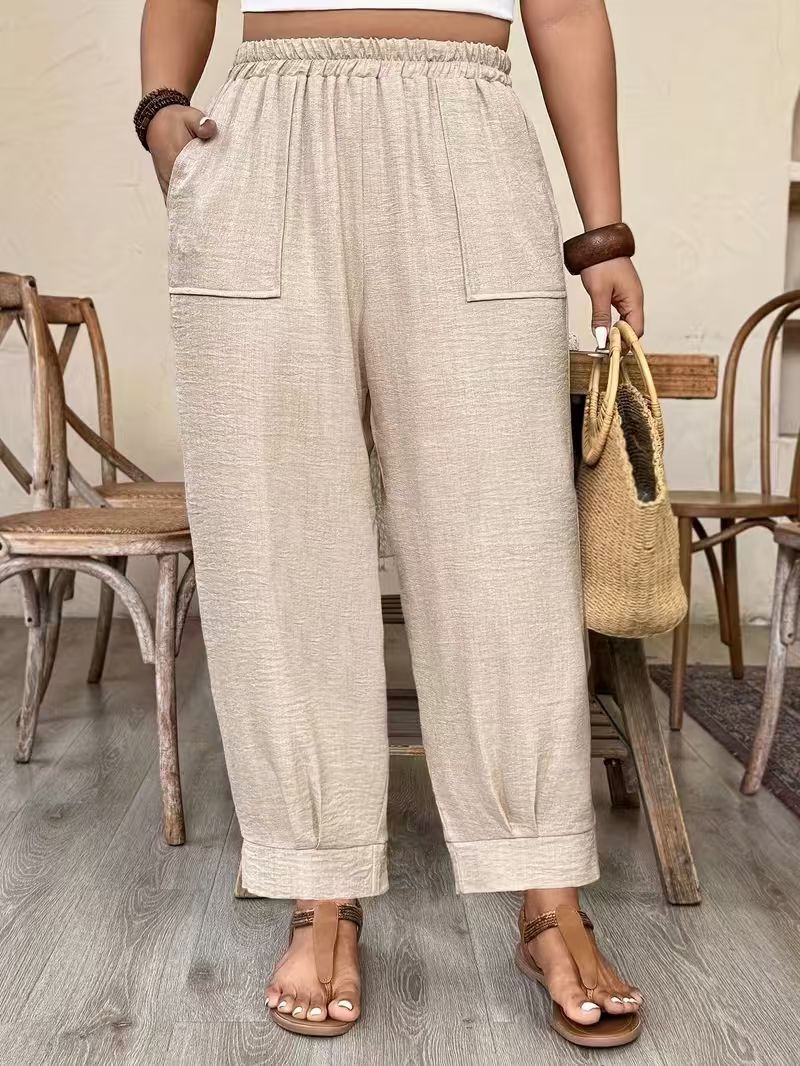 Plus Size Linen Look Elastic Waist Tapered Pants