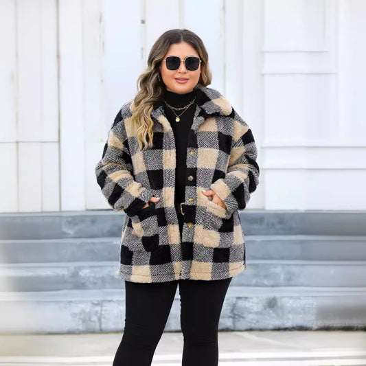 Plus Size Women's Plaid Thickened Plush Lapel Coat