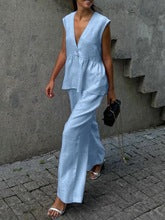 Women's Two Piece V-Neck Vest Pants Set Sleeveless Solid