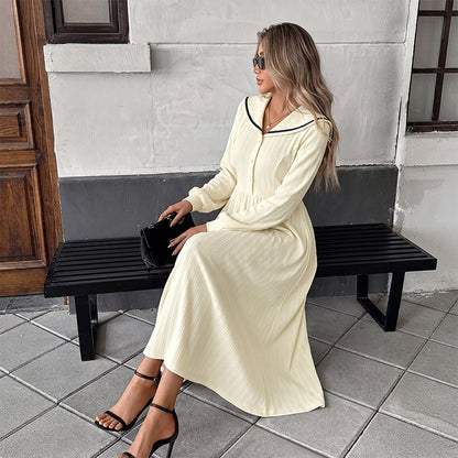 Solid Contrast Trim Sailor Collar Button Midi Dress