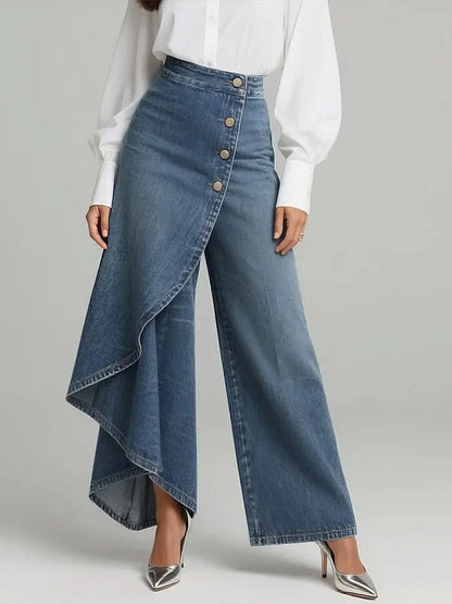 Women's Asymmetric Button Front Wide Leg Denim Pants