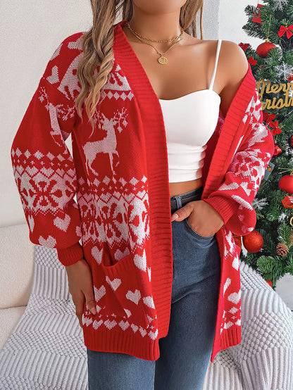 Women's Christmas Reindeer Open Front Cardigan Pocket
