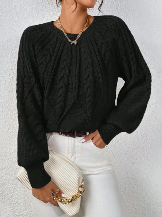 Women's Cable Knit Balloon Sleeve Crew Neck Sweater
