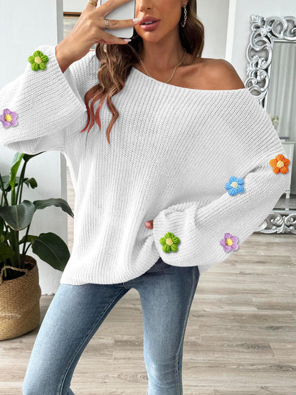 Off-Shoulder Knit Sweater with Crochet Flower Detail
